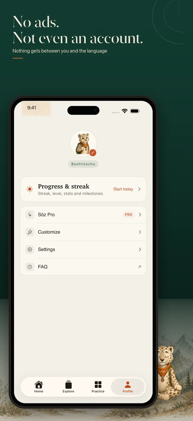 Söz profile screen emphasizing privacy and account-free learning.