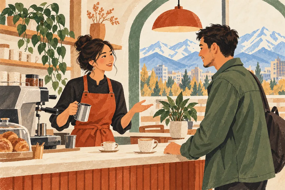 Illustration of a barista talking to a customer in a Bishkek café.