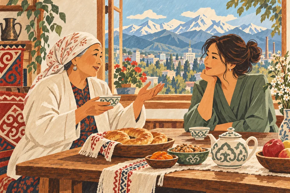 Illustration of a grandmother and granddaughter talking over tea, with the Ala-Too mountains outside.