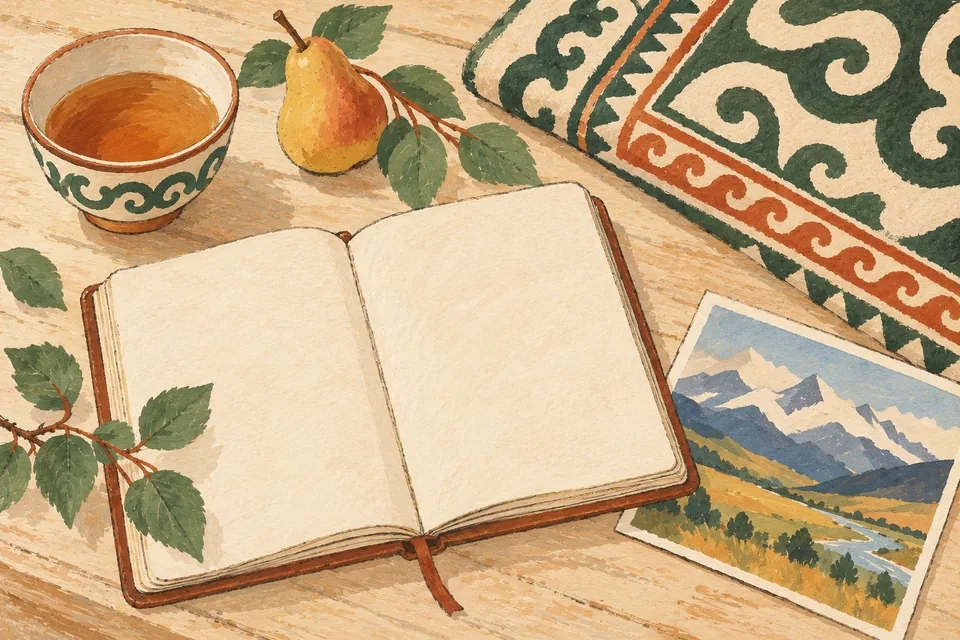 Illustration of a tea bowl, an open notebook, a shyrdak textile and an Ala-Too mountain postcard.