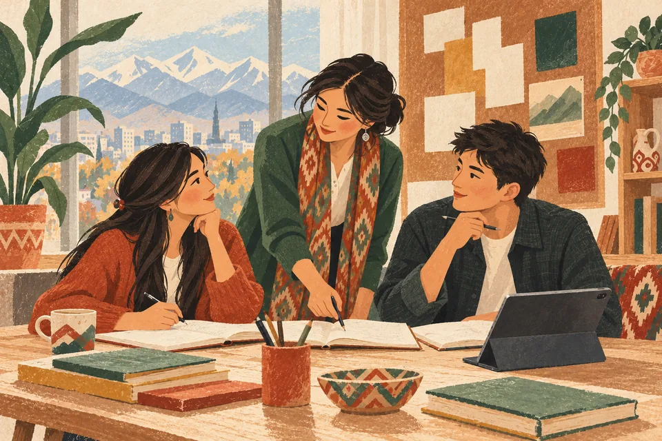 Illustration of a teacher and two adult students practising Kyrgyz at a shared table.
